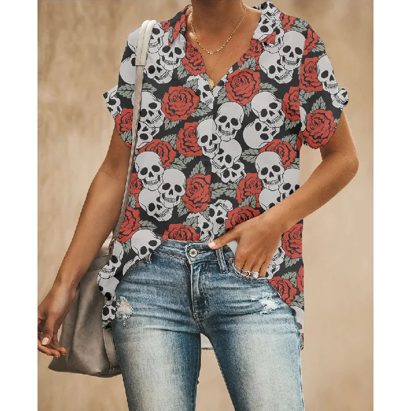 Rose Skull Women Button Up Shirt Trendy Short Sleeve Blouse