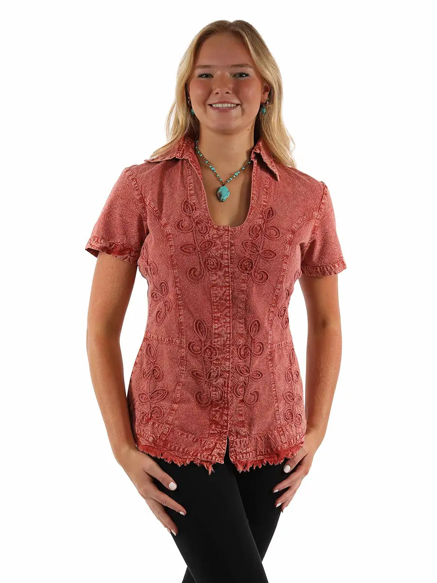 Scully Cantina Short Sleeve Blouse (PSL-273) - Women's Shirt Stylish Split-Hem Short Shirt