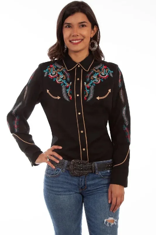 Scully Floral and Feather Embroidery - Women's Western Shirt Cozy Knit Short Sleeve Top