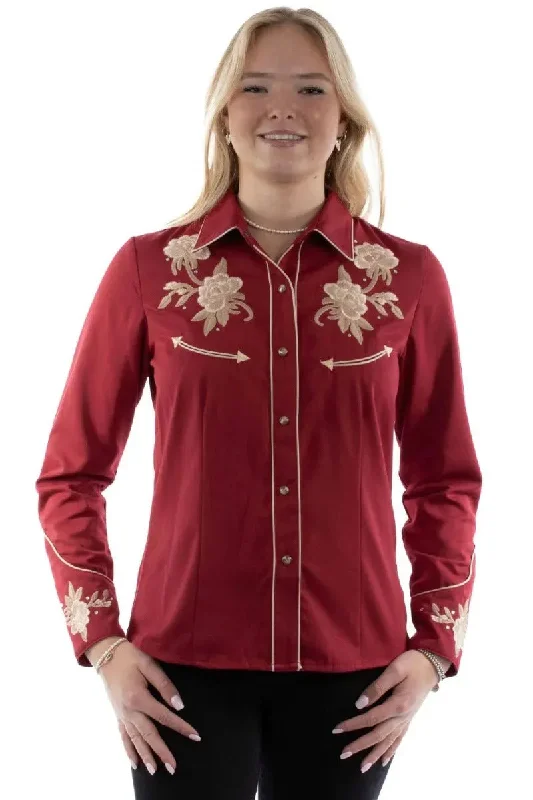 Scully Floral Embroidery with Crystals - Womens Western Shirt Stylish Pleated Short Sleeve