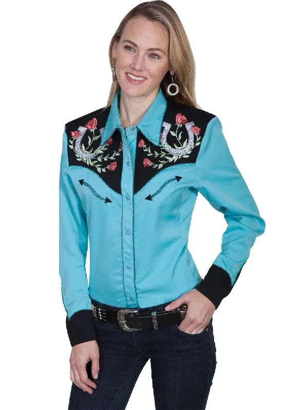 Scully Horseshoe and Roses - Women's Western Shirt Elegant Silk Short Shirt