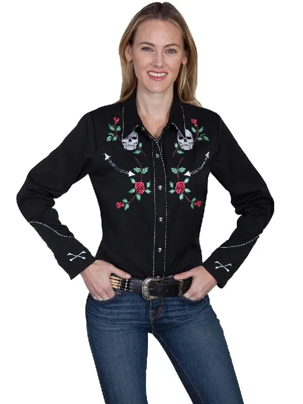 Scully Skulls And Roses Embroidery - Women's Western Shirt Chic Silk Short Sleeve Shirt