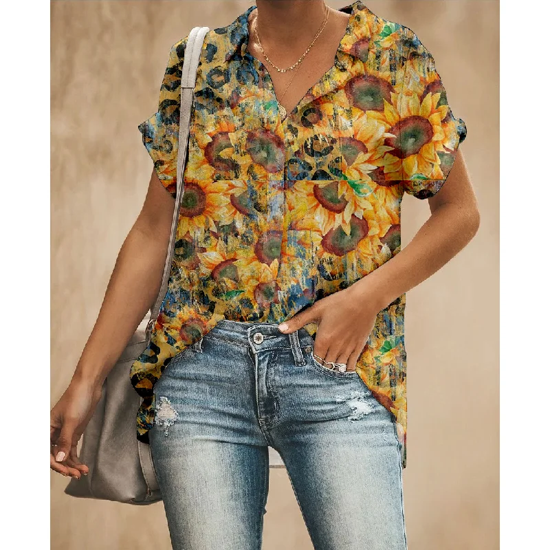 Sunflowers Women Button Up Shirt Casual Plain Short Shirt