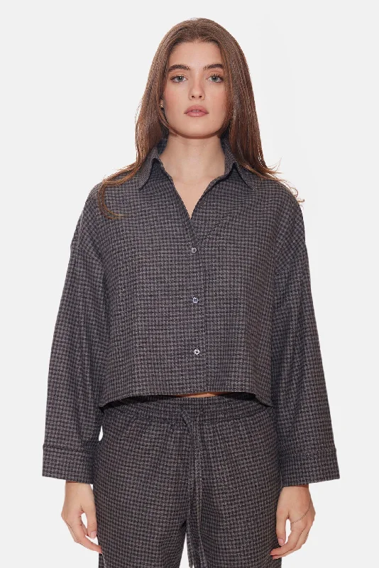 Chateau Twill Crop Shirt Charcoal Gingham Chic V-Neck Short Blouse