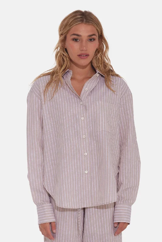 Eloise Cotton/Linen Boyfriend Shirt Beige Stripe Classic Short Sleeve Blouse