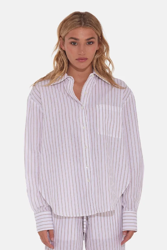 Eloise Cotton/Linen Boyfriend Shirt White Stripe Chic Embellished Short Sleeve