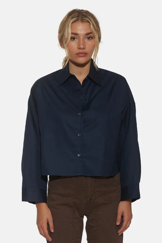 Gansett Poplin Crop Shirt Navy Comfortable Pocket Short Shirt