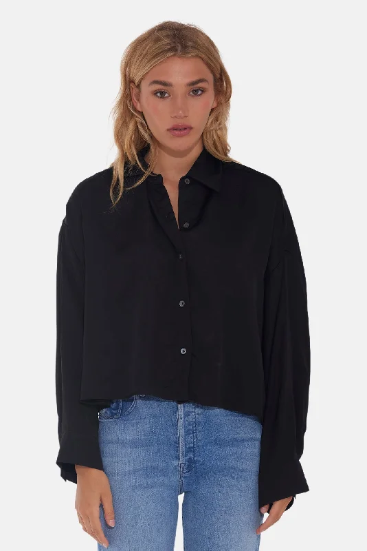 Laura Crop Satin Shirt Black Stylish Round Neck Shirt