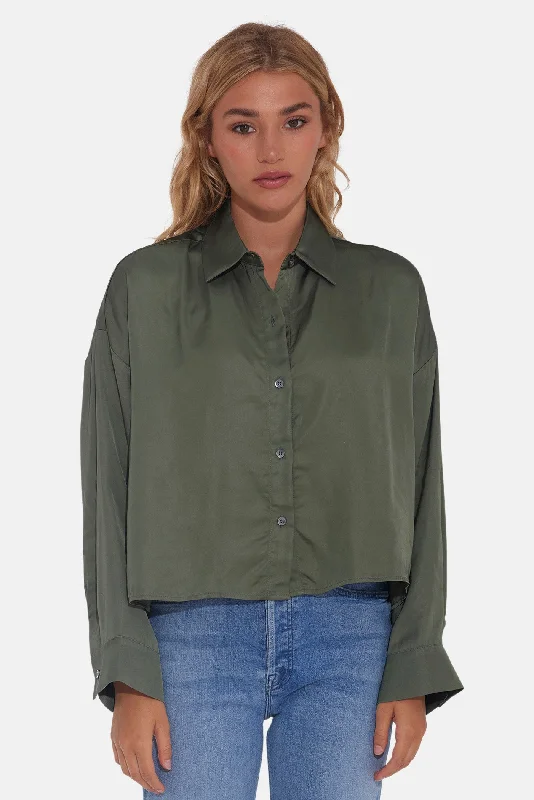 Laura Crop Satin Shirt Dark Green Classic Short Sleeve Blouse