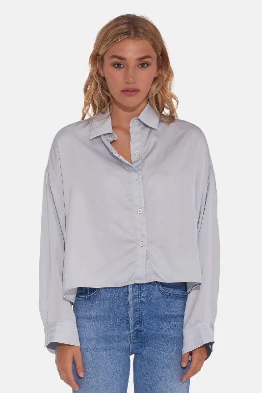 Laura Crop Satin Shirt Silver Blue Casual Short Sleeve Top