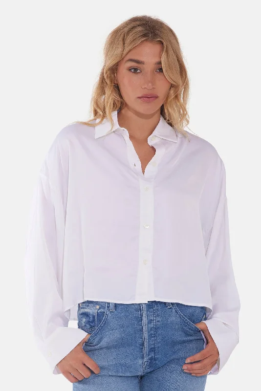 Laura Crop Satin Shirt White Relaxed Fit Short Tunic