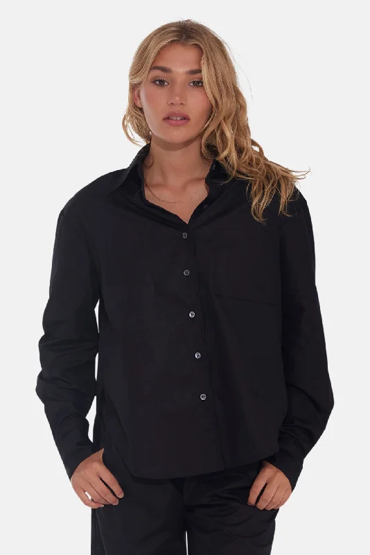 Lily Poplin Boyfriend Shirt Black Elegant Longline Short Shirt