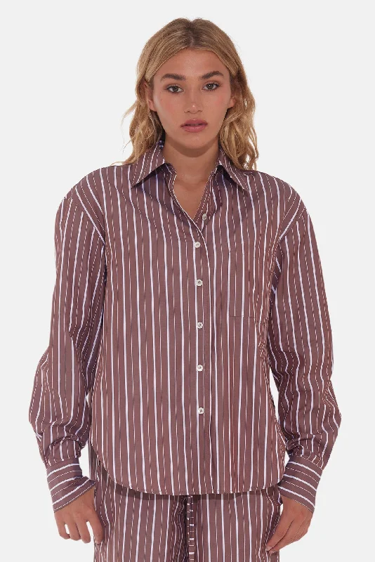 Lily Poplin Boyfriend Shirt Brown Stripe Casual Short Sleeve Top