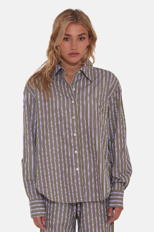 Lily Poplin Boyfriend Shirt Green Multi Stripe Cozy Striped Short Sleeve