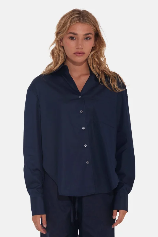 Lily Poplin Boyfriend Shirt Navy Soft Flowing Short Shirt