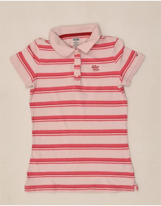 TOMMY HILFIGER Womens Polo Shirt UK 14 Large Pink Pinstripe Cotton Trendy Button-Front Short Sleeve