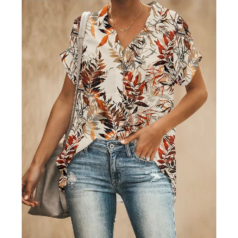 Tropical Leaf Brown Women Button Up Shirt Comfortable Fitted Short Sleeve