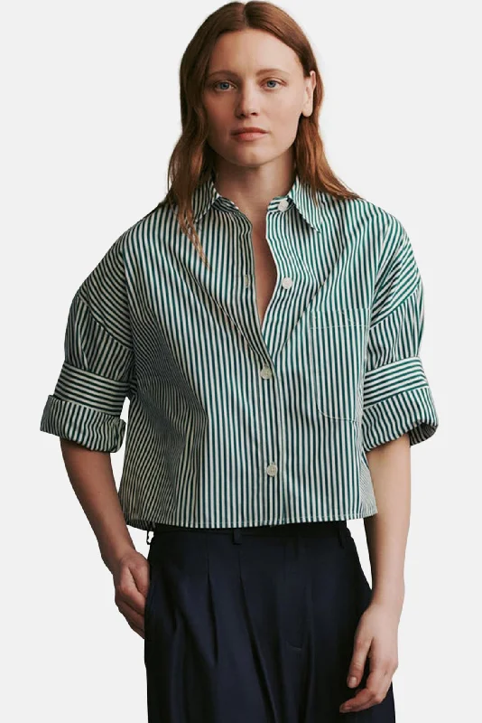 Next Ex Shirt In Downing Awning Stripe White/Hunter Green Comfortable Flowing Short Sleeve