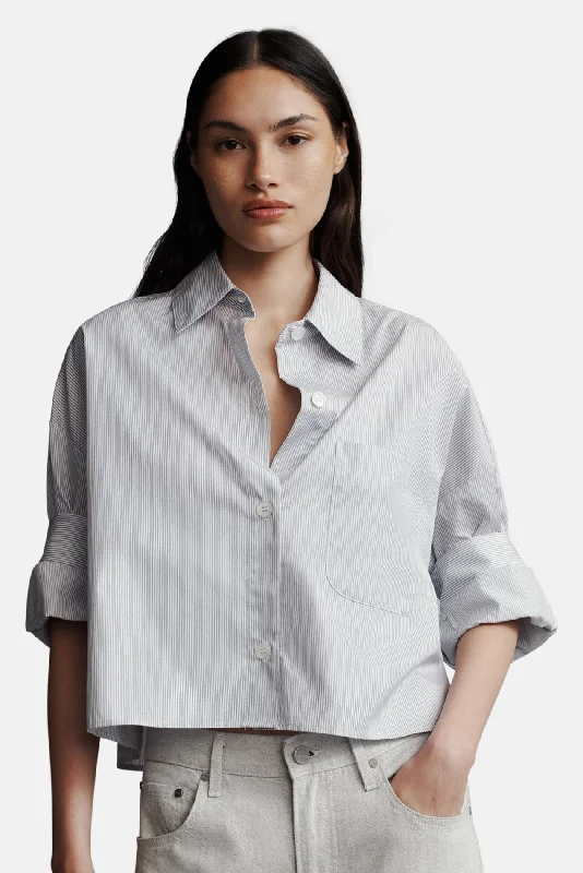 Next Ex Shirt White / Grey Black Micro Stripe Trendy Button-Front Short Sleeve