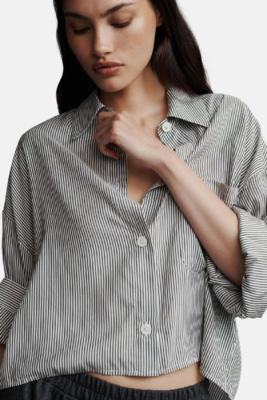 Next Ex Silk Shirt White / Grey Stripe Relaxed Fit Short Blouse