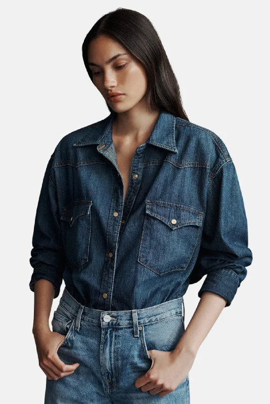 Og Supersized Ranchers Shirt In Denim Shirting Dark wash Fashionable Button-Front Short Sleeve