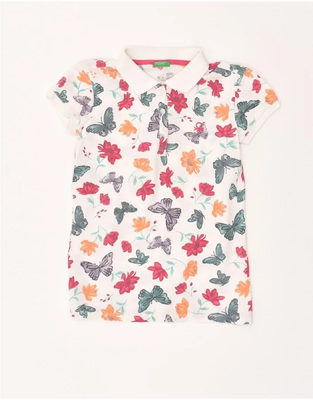 UNITED COLORS OF BENETTON Womens Polo Shirt UK 4 XS White Floral Comfortable Peplum Short Shirt