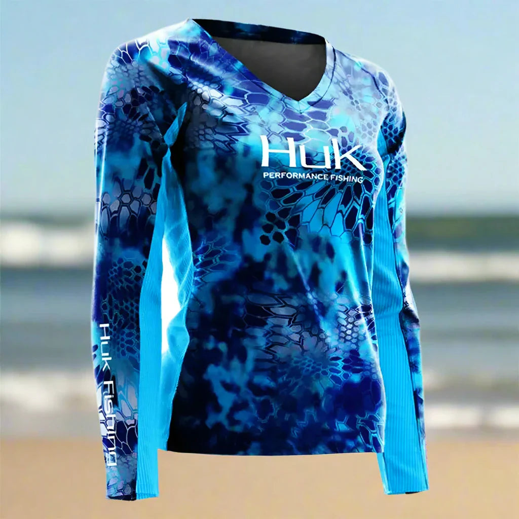 V Neck Ladies Long Sleeve Fishing Shirt - Blue/Light Blue Cozy Summer Short Shirt