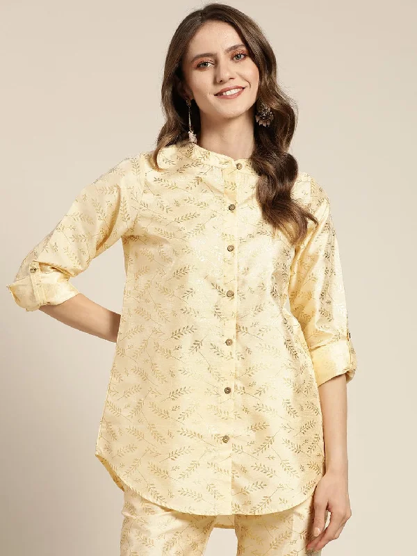 Lyush Women's Beige Chanderi Gold Foil High Low Shirt Comfortable Flowing Short Sleeve