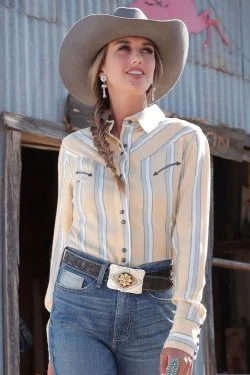 WOMEN'S BUTTON-DOWN WESTERN SHIRT - YELLOW Relaxed Fit Short Blouse