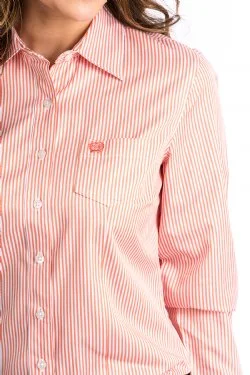 Women's Tencel™ Coral And White Stripe Button - Up Shirt - Cinch Jeans Soft Cotton Short Tee