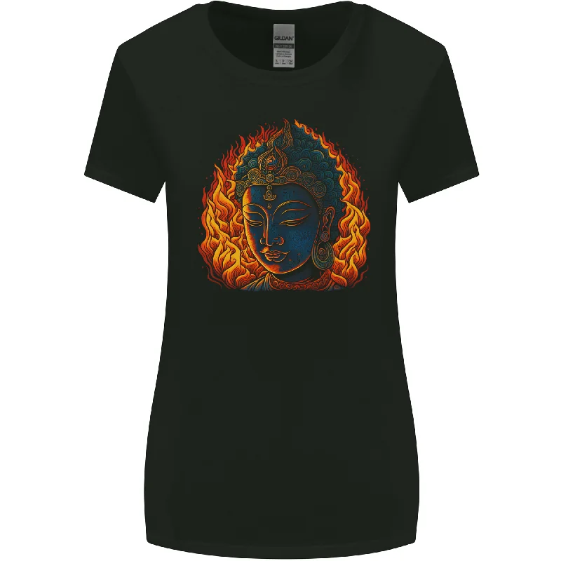 A Buddha Statue With Flames Womens Wider Cut T-Shirt Chenille Fabric Brocade Fabric Lace Fabric