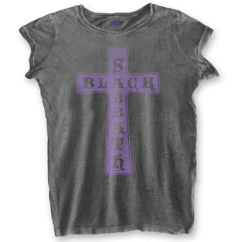 Black Sabbath Ladies Fashion T-Shirt: Vintage Cross (Burn Out) Handmade Hand-knitted Hand-woven