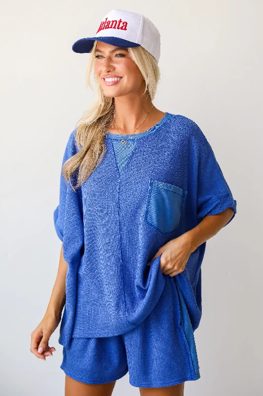 Cute Simplicity Blue Waffle Knit Tee Front Pockets Side Pockets Patch Pockets