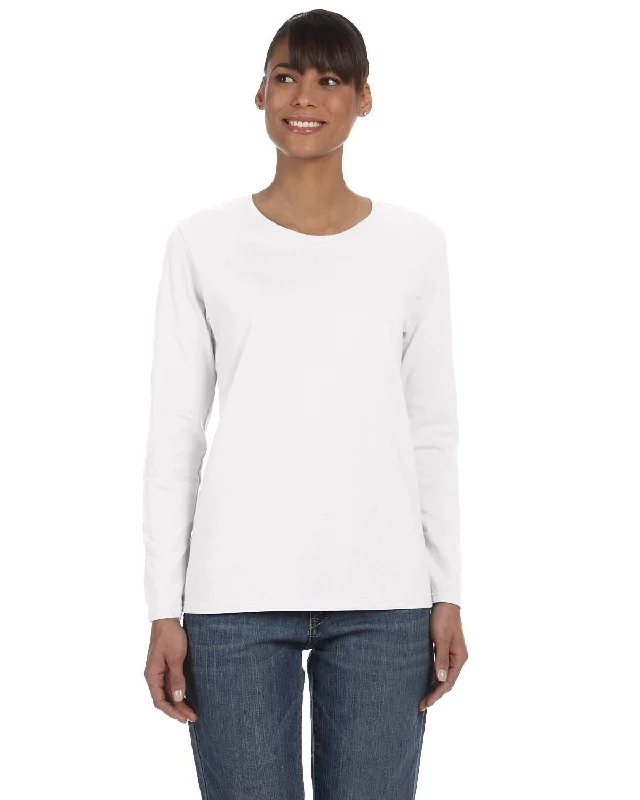 Gildan Ladies Long Sleeve 100% Cotton T-Shirt | White Front Pockets Side Pockets Patch Pockets