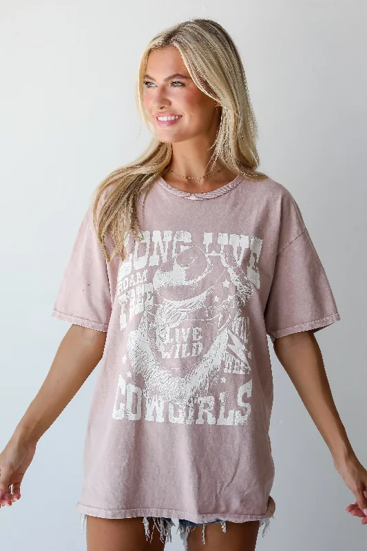 FINAL SALE - Long Live Cowgirls Taupe Graphic Tee Zippered Front Buttoned Front Snap Front