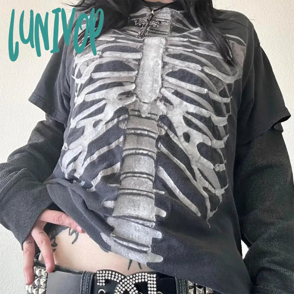 Lunivop 2000s Retro E-girl Gothic Skull Cute Tops Y2K Grunge Cyber Layered Sleeve T-shirt 90s Vintage Mall Goth Harajuku Pullovers Tees Modern Contemporary Chic