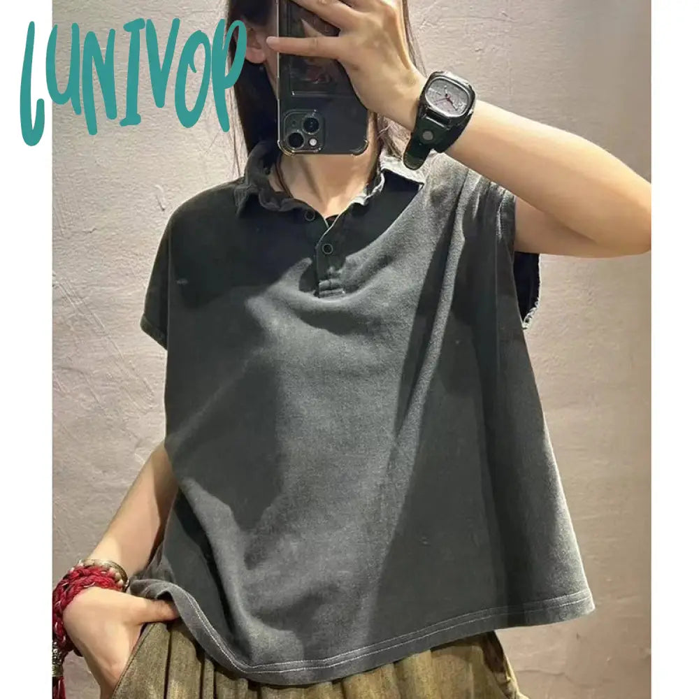 Lunivop outfit inspo 2024 Summer New Pure Color Simple Lapel Pullover Short-Sleeved T-shirt Women's Loose All-Match Casual Cotton Top Ribbed T-Shirt High Neck Heavyweight