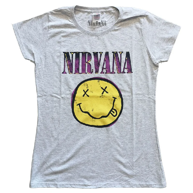 Nirvana Ladies T-Shirt: Xerox Happy Face Pink Polka Dot Checkered Tartan