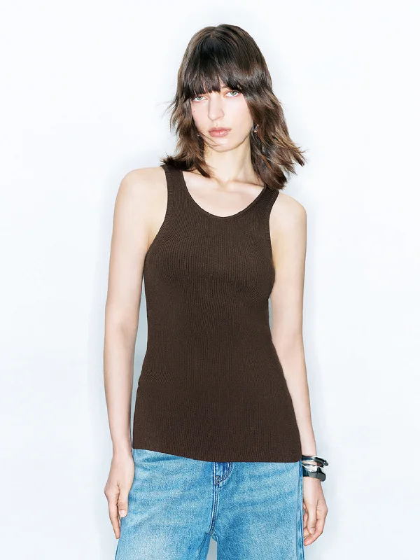 Sleeveless Knitted T-Shirts Front Pockets Side Pockets Patch Pockets