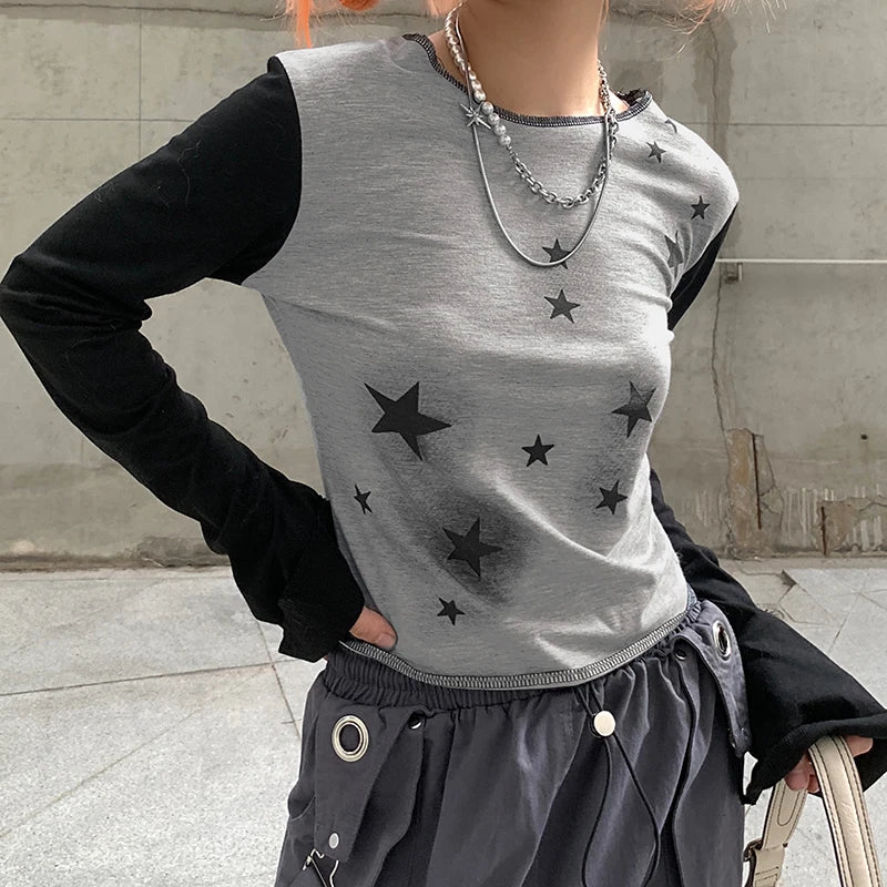 Lunivop Y2k Streetwear Graphic Star Print Y2K Splice Grunge Aesthetic Fairycore Tee Vintage Kawaii 2000s Harajuku Fairy Grunge Clothes Anti-Pilling Machine Wash Handmade