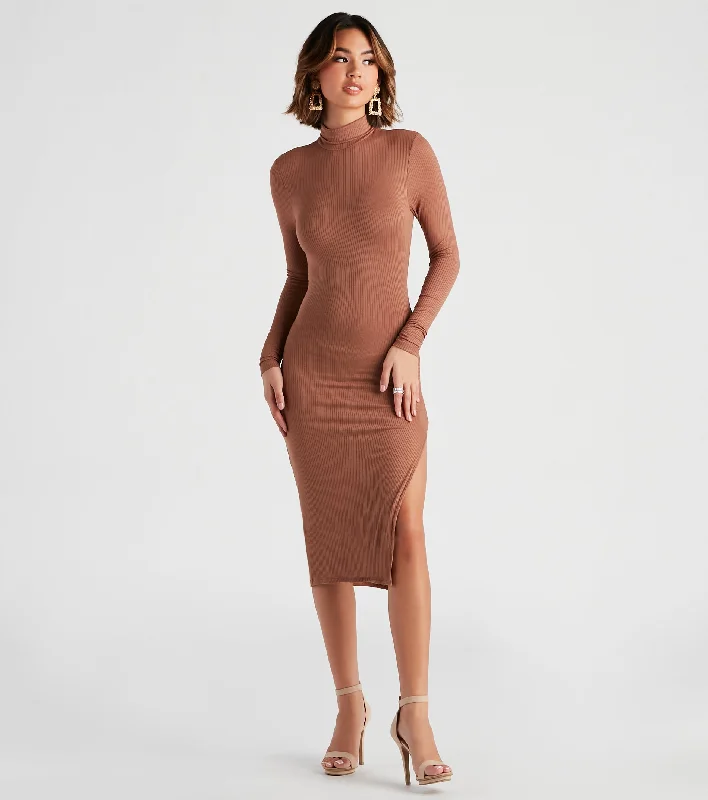 On A Roll Turtleneck Midi Dress Trendy Smocked Detail Midi Dress