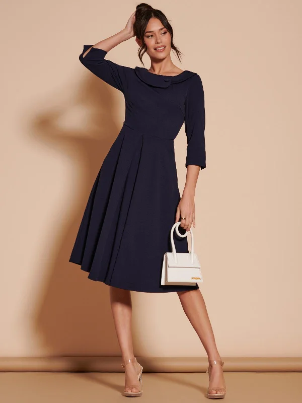 3/4 Sleeve Fold Neck Midi Dress, Navy Fashionable Floral Embroidery Midi Dress