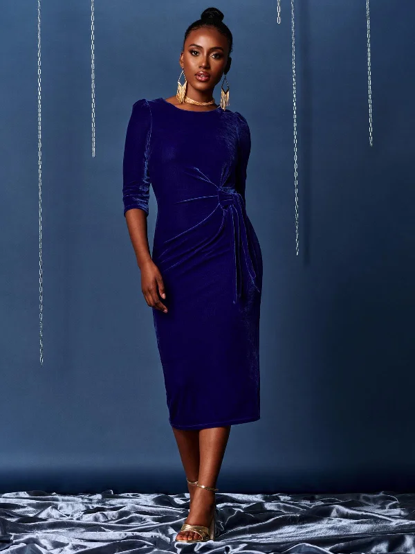 3/4 Sleeve Tie Detail Velvet Midi Dress, Royal Blue Trendy Knit Midi Dress