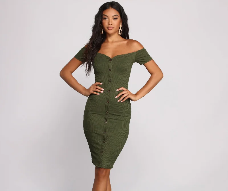 All Buttoned Up Off The Shoulder Midi Dress Elegant Lace Trim Midi Dress