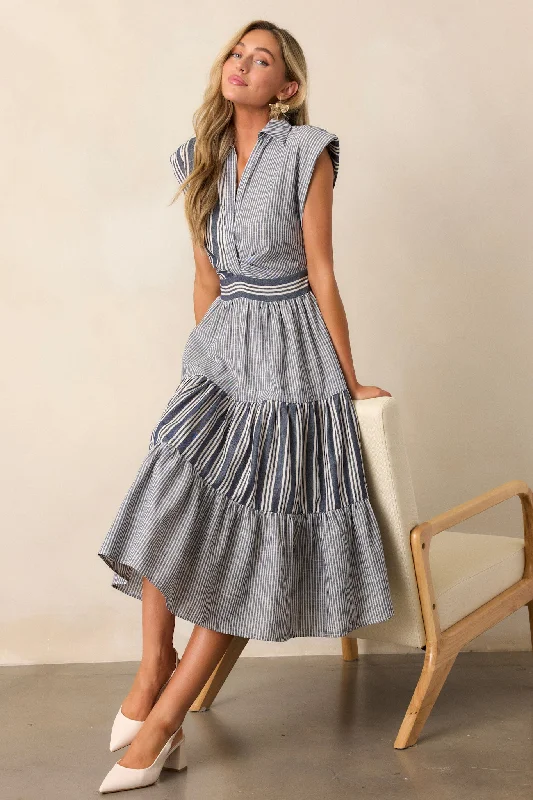 Along The Way Navy Stripe Cap Sleeve Midi Dress Fashionable Wide Leg Midi Dress