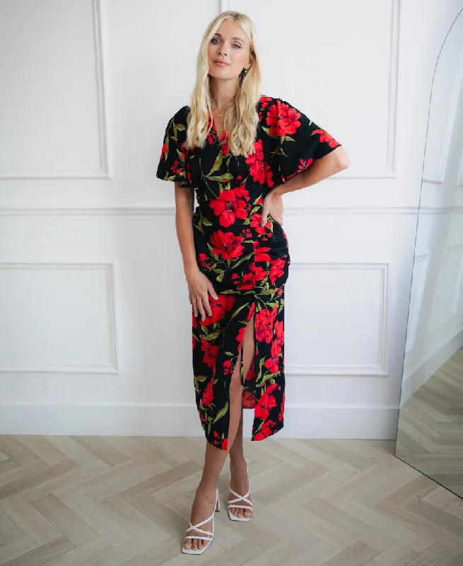 Black and Red Floral Wrap Midi Dress Stylish Striped Midi Dress