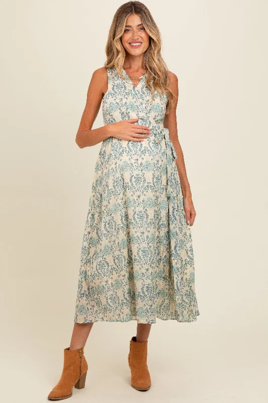 Blue Floral Damask Wrap Maternity Midi Dress Stylish Vintage Midi Dress