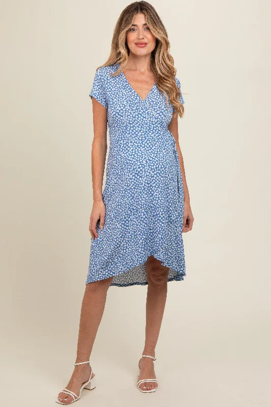 Blue Floral Wrap Maternity Midi Dress Trendy Off-Shoulder Ruffle Midi Dress