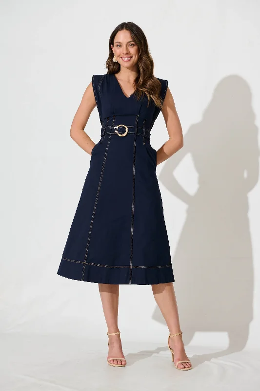 Carloto Midi Dress In Dark Blue Denim Cozy Midi Dress with Pockets