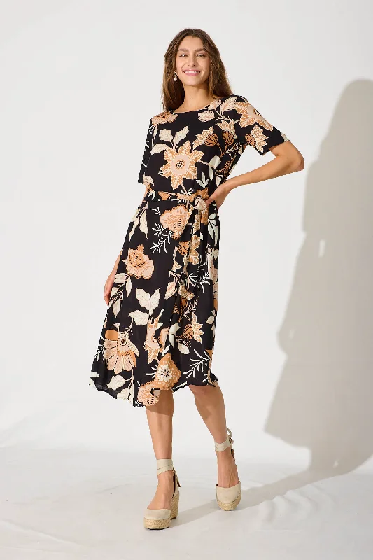 Chambery Midi Dress In Black With Rust Leaf Print Stylish Vintage Midi Dress